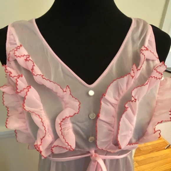 Vintage 50s Empress sheer long Lingerie Dress nightgown ruffle nylon SLIP PINK L - Picture 4 of 11